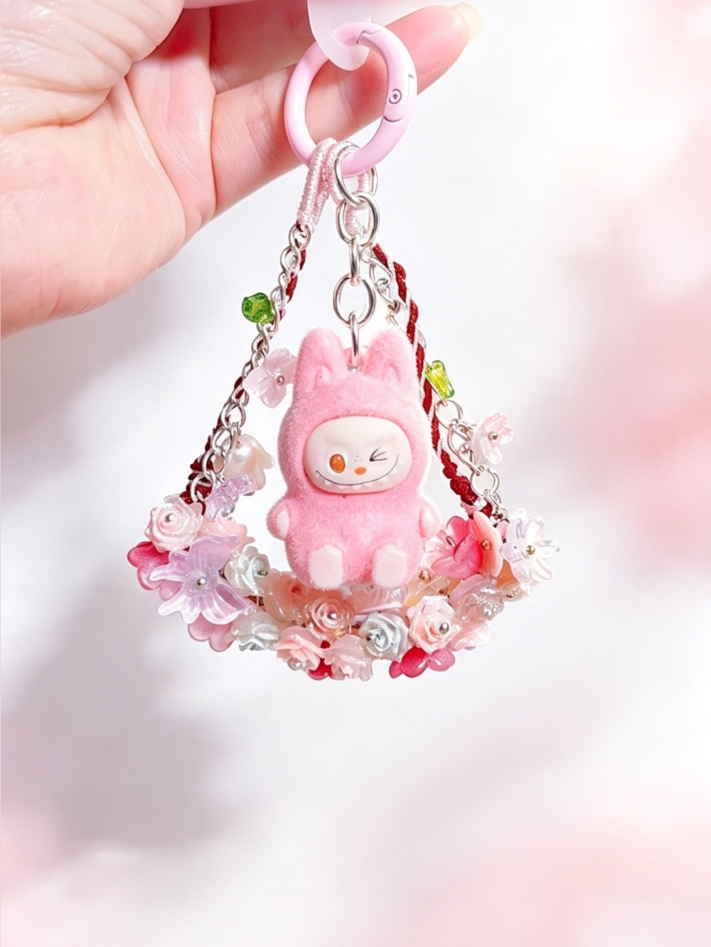 Cute Pink Suede Labubu Charm 🌸 Glow-in-the-Dark Floral Keychain for Bags，Phones
